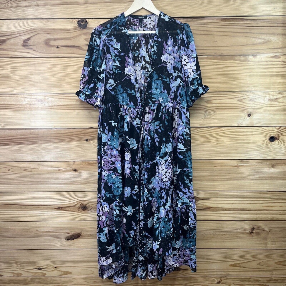 Torrid 1 Ruffle Kimono Shirt Floral Swiss Dot Black Purple SS Sheer boho B84